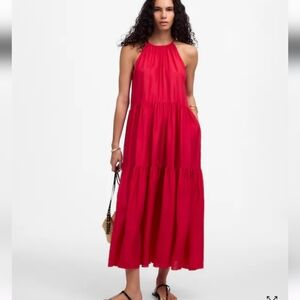 Madewell Habotai Silk Tiered Halter Dress NV481 Size XS Fushia NWT